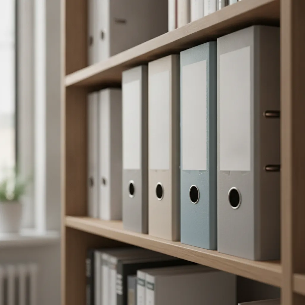Classeurs de dossiers alignés sur une étagère de bureau