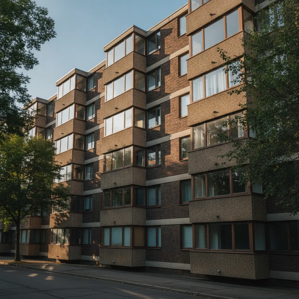 Façade d'immeuble avec balcons et fenêtres alignés